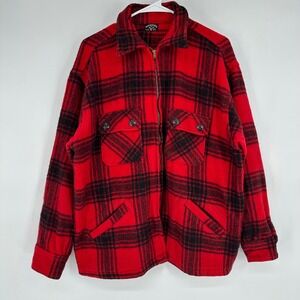 Vintage 50s Winter King 100% Wool Zip Plaid Jacket Red Black Buffalo Check Men L